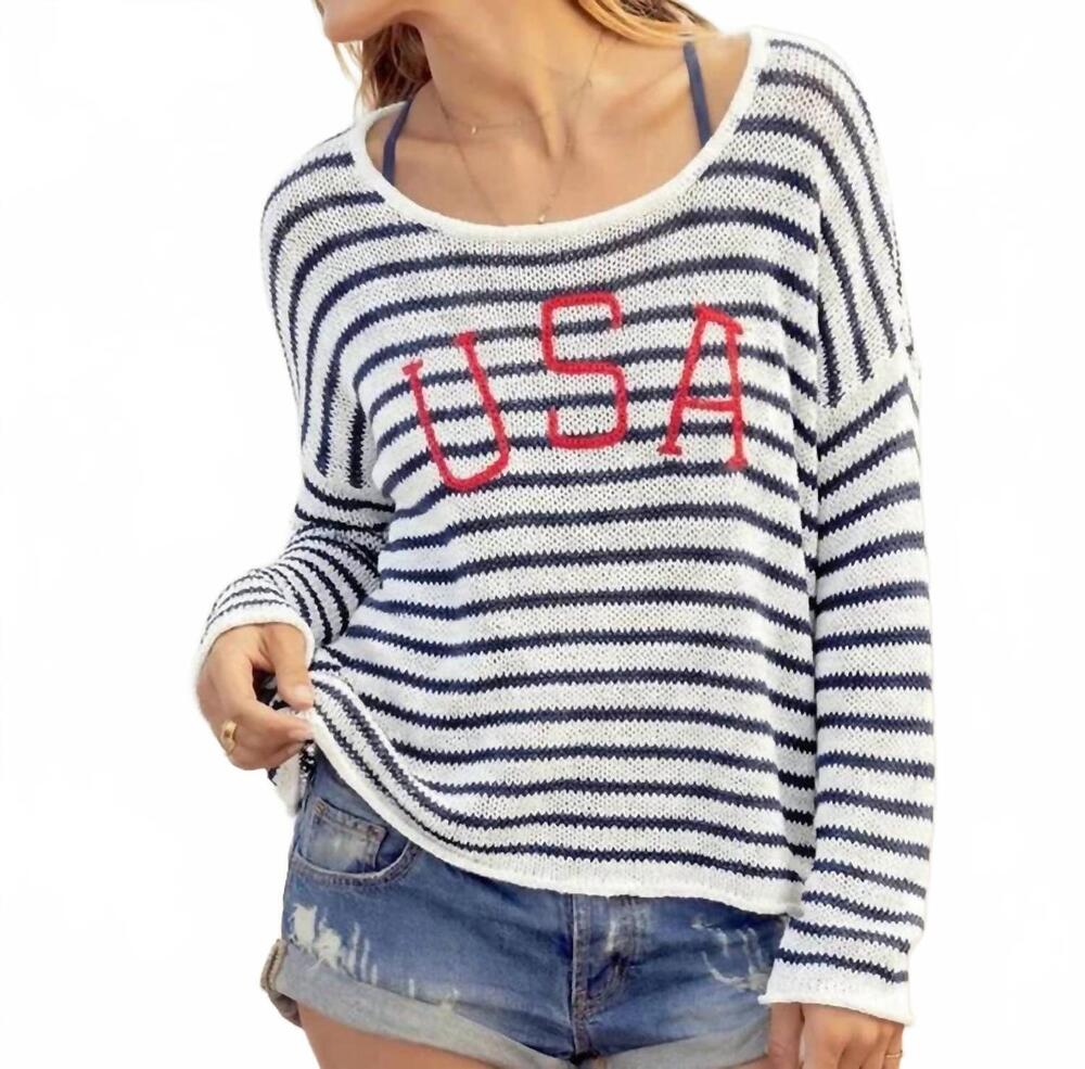 NEW WOODEN SHIPS usa striped crewneck sweater in white dark indigo